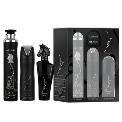 Lattafa, Maahir Black Edition, zestaw: woda perfumowana, spray, 100 ml + dezodorant spray, 200 ml + odświeżacz powietrza, 300 ml