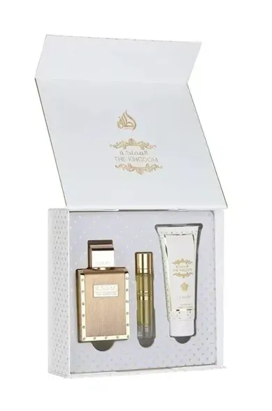 Lattafa, The Kingdom Men, zestaw: woda perfumowana, 100 ml + woda perfumowana, 12 ml + żel pod prysznic, 100 ml