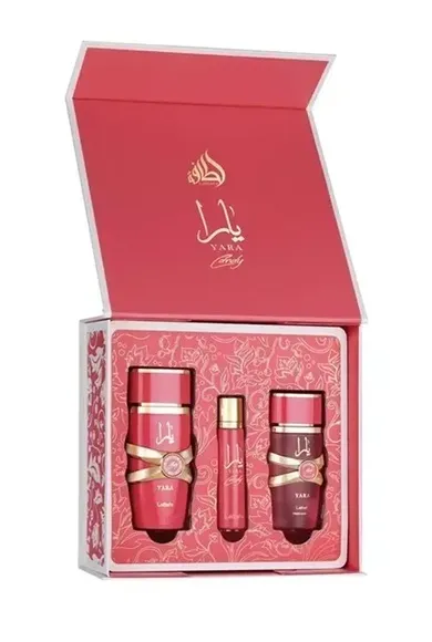 Lattafa, Yara Candy, zestaw: woda perfumowana, 100 ml + woda perfumowana, 12 ml + mgiełka do włosów, 50 ml