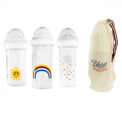 Le Biberon Français, zestaw butelek dla noworodków i niemowląt, tęcza, 2 x 210 ml + 1 x 360 ml, 3 szt.