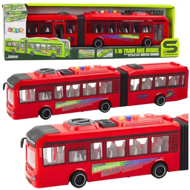 Lean Toys, autobus przegubowy z otwieranymi drzwiami, pojazd interaktywny, czerwony, 1:16