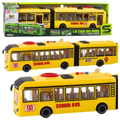 Lean Toys, autobus szkolny przegubowy z otwieranymi drzwiami, pojazd interaktywny, żółty, 1:16