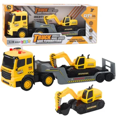 Lean Toys, ciężarówka z lawetą i koparką, obrotowa 360°, żółta, 1:16