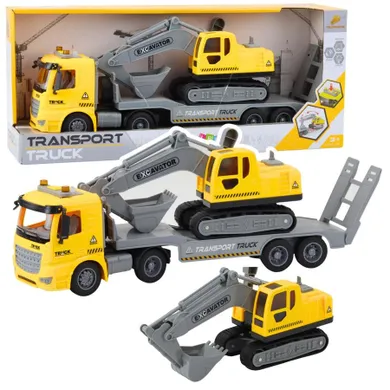 Lean Toys, ciężarówka z lawetą i koparką, ruchoma, pojazd interaktywny, Żółta