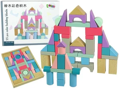 Lean Toys, drewniane klocki, pastelowe, zamek, 55 elementów