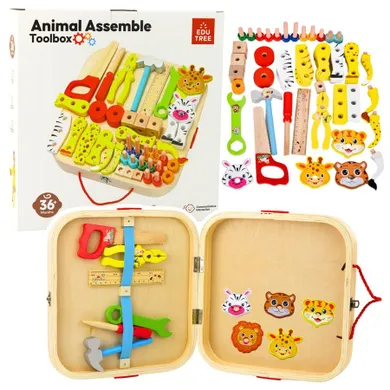 Lean Toys, drewniany zestaw majsterkowicza zwierzęta do skręcania w walizce, 59el