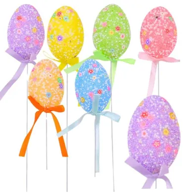 Lean Toys, jajka wielkanocne na piku, kolorowe białe wzorki wstążka, ozdoba, 6 szt.