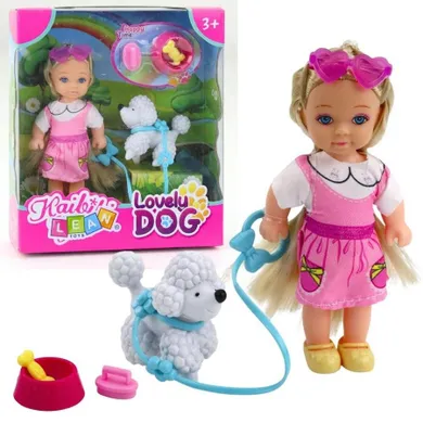 Lean Toys, laleczka z pieskiem na smyczy miska z kością