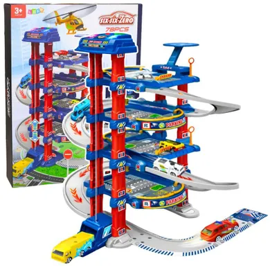 Lean Toys, parking z windą i zjeżdżalnią dla autek, zestaw z pojazdami, 78 elementów