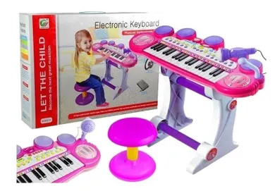 Lean Toys, pianinko z mikrofonem i stołkiem, różowe