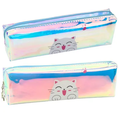 Lean Toys, piórnik saszetka, holograficzny z kotem, niebieski, 21-6 cm