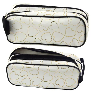 Lean Toys, piórnik saszetka podwójna, złote serca biały