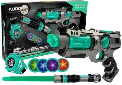 Lean Toys, pistolet laserowy z akcesoriami, miotacz dysków