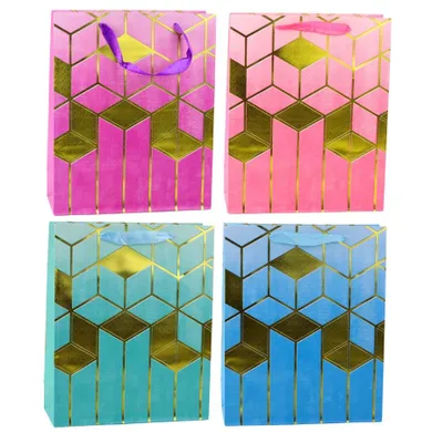 Lean Toys, torba prezentowa papierowa wzory geometryczne złote, 32-26-12 cm, 1 szt.