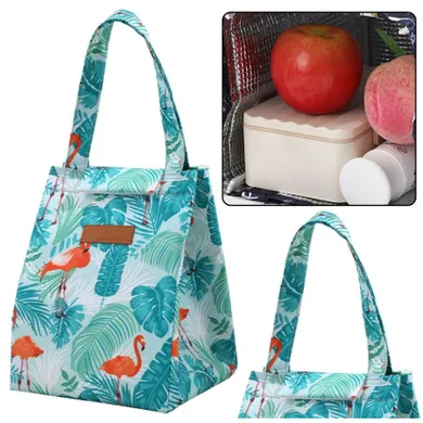 Lean Toys, torba termiczna, izolacyjna, śniadaniowa, liście flamingi, 25 cm