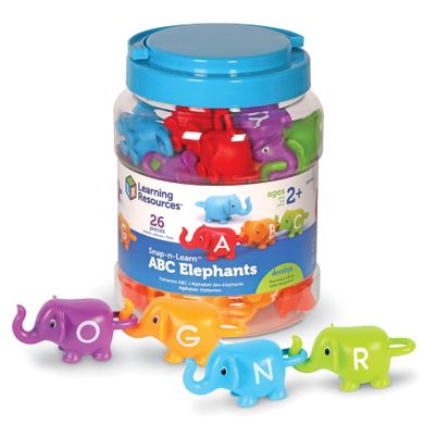 Learning Resources, Snap & Learn, Słonie ABC, figurki do nauki liter i poznawania kolorów, zestaw edukacyjny, 26 szt.