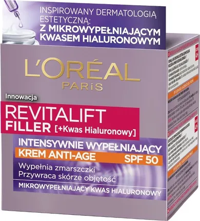 L'oreal, Revitalift Filler + kwas hialuronowy, anti-age, SPF 50, krem intensywnie wypełniający zmarszczki, 50 ml