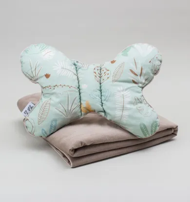Luli Lu, Jungle, zestaw: poduszka antywstrząsowa motylek + kocyk, velvet, beż, 70-100 cm
