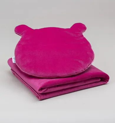 Luli Lu, zestaw: kocyk z wypełnieniem + poduszka, miś, velvet, róż, 70-100 cm