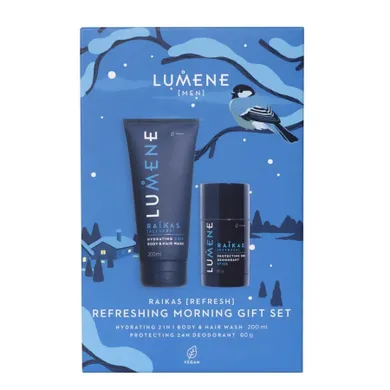 Lumene, Men Raikas Refreshing Morning, zestaw: Hydrating 2in1 Body & Hair Wash, żel pod prysznic, 200 ml + Protecting 24H Deodorant Stick, dezodorant w sztyfcie, 60g
