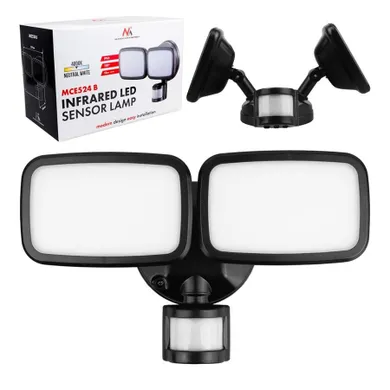 Maclean, ścienna lampa LED, z czujnikiem PIR, 20W, 1500LM, IP65, NEUTRAL WHITE 4000K, czarna, MCE524 B