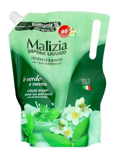 Malizia, mydło w płynie, antybakteryjne, green tea&mint, zapas, 1000 ml