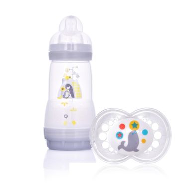 MAM, Anti-Colic, butelka antykolkowa, 2m+, 260 ml, szara + smoczek Original 6+