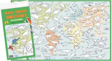Mapa świata. Dinozaury. Kolorowanka XL