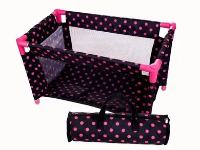 Mariotoys, łóżeczko-kojec dla lalek, czarny w różowe groszki