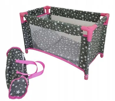 Mariotoys, łóżeczko-kojec dla lalek, szary w białe gwiazdki