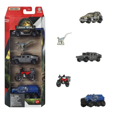 Matchbox, Jurassic World, Samochodziki i dinozaur, 5-pak zabawek, 1 szt.