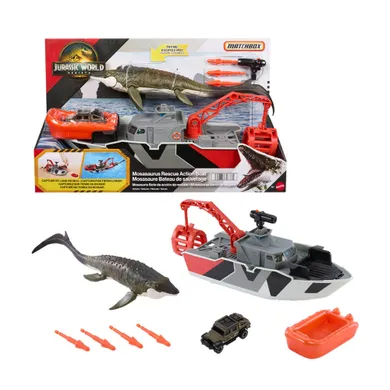 Matchbox, Jurrasic World, Łódź ratunkowa + dinozaur, zestaw do zabawy