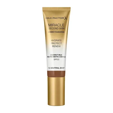 Max Factor, Miracle, Second Skin Hybrid Foundation, podkład nawilżający z filtrem, 12 Neutral Deep, 30 ml