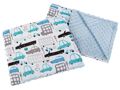Medi Partners, Samochody, kołderka z poduszką do wózka, jasnoniebieska, 55-75 cm