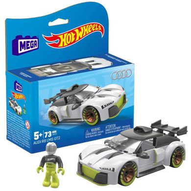 MEGA Hot Wheels, Audi R8 LMS GT2, wyścigówka + figurka, klocki, 73 elementy