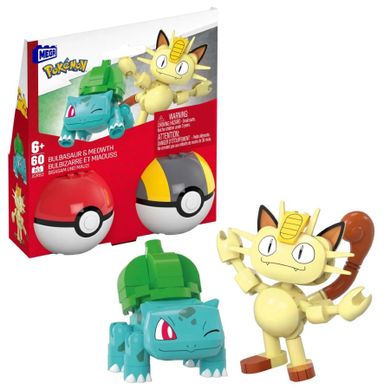 MEGA Pokemon, Pokeball Bulbasaur i Meowth, 2 figurki, klocki, 60 elementów