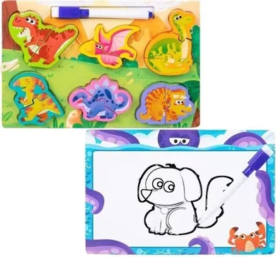 Merkpol, drewniane puzzle, układanka z tablicą, dinozaury