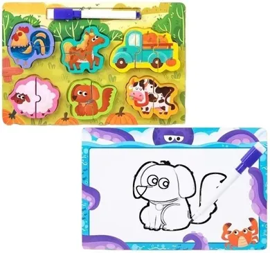 Merkpol, drewniane puzzle, układanka z tablicą, farma