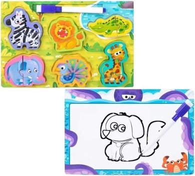 Merkpol, drewniane puzzle, układanka z tablicą, zwierzęta safari