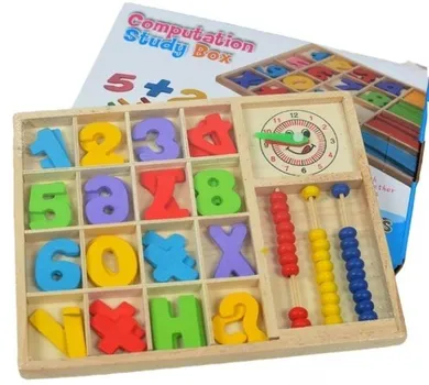Merkpol, drewniany zestaw edukacyjny z liczydłem, zegarkiem i cyferkami
