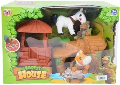 Merkpol, leśny domek, zestaw z figurkami konia i krowy, 2 szt.