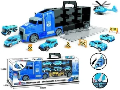 Merkpol, tir transportowiec z pojazdami, policja