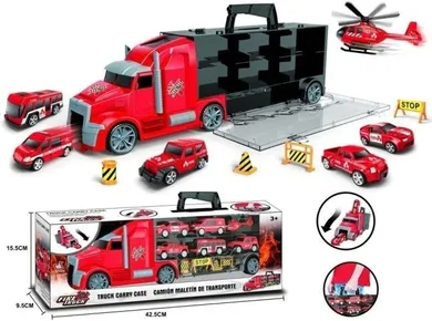 Merkpol, tir transportowiec z pojazdami, straż pożarna