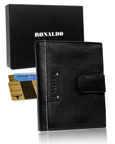 Męski duży portfel skórzany, pionowy z zapinką i ochroną RFID, Ronaldo