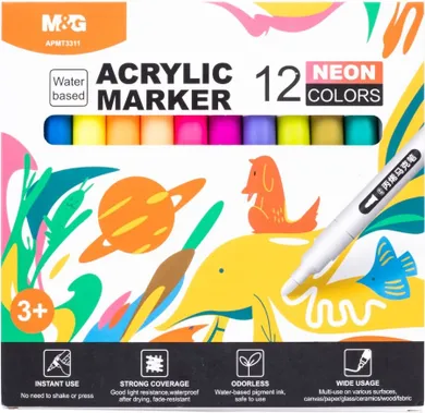 M&G, markery akrylowe, neonowe, 1-2 mm, 12 kolorów