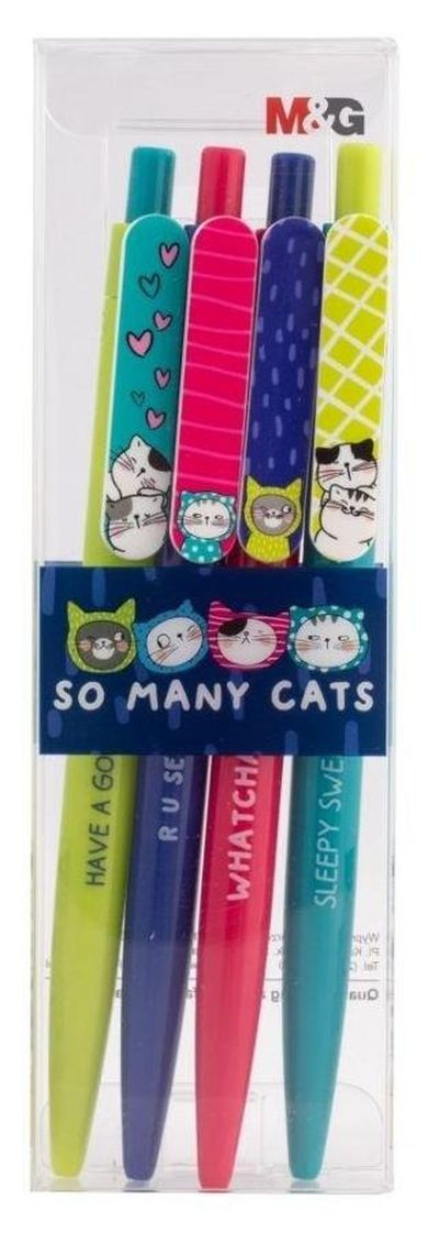 M&G, So Many Cats, długopisy automatyczne, 0.7 mm, niebieski, 4 szt.