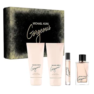 Michael Kors, Gorgeous!, zestaw: woda perfumowana, spray, 100 ml + żel pod prysznic, 100 ml + balsam do ciała, 100 ml + woda perfumowana, spray, 10 ml