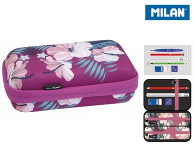Milan, Hibiscus, piórnik saszetka, usztywniany + 2 saszetki z wyposażeniem, różowy