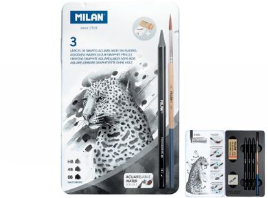 Milan, zestaw 3 ołówków bezdrzewnych, temperówka, gumka, pędzel