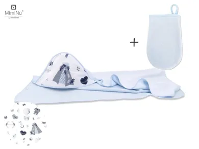 MimiNu, Baby Shower, okrycie kąpielowe, termofrotte + myjka, błękit, 100-100 cm